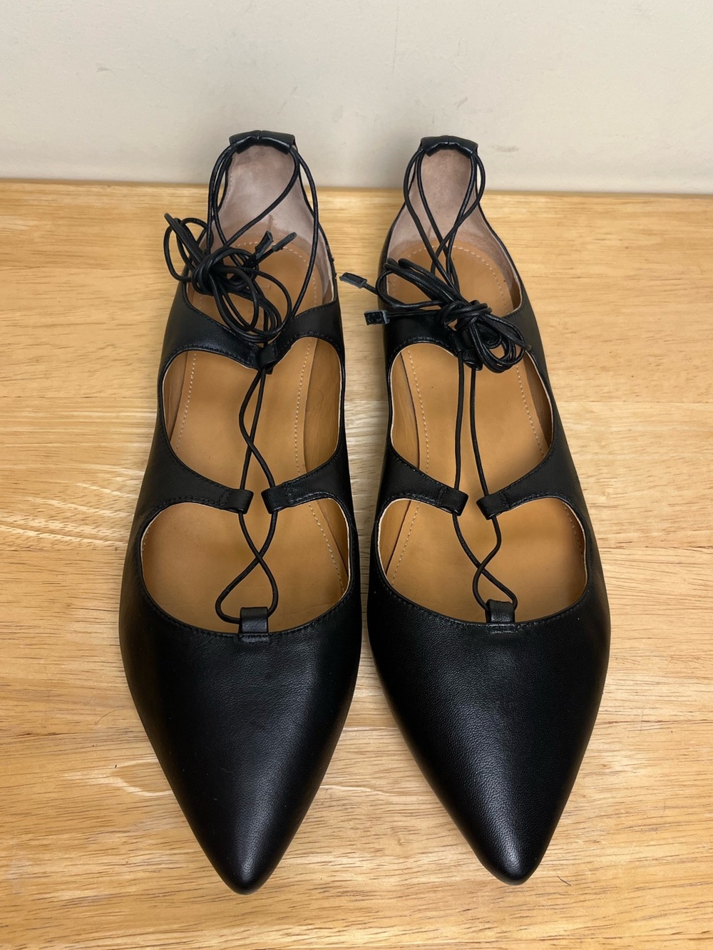 J. Crew Black Lace Up Ballet Flats Black Leather Pointed Toe Women’s Size 9.5